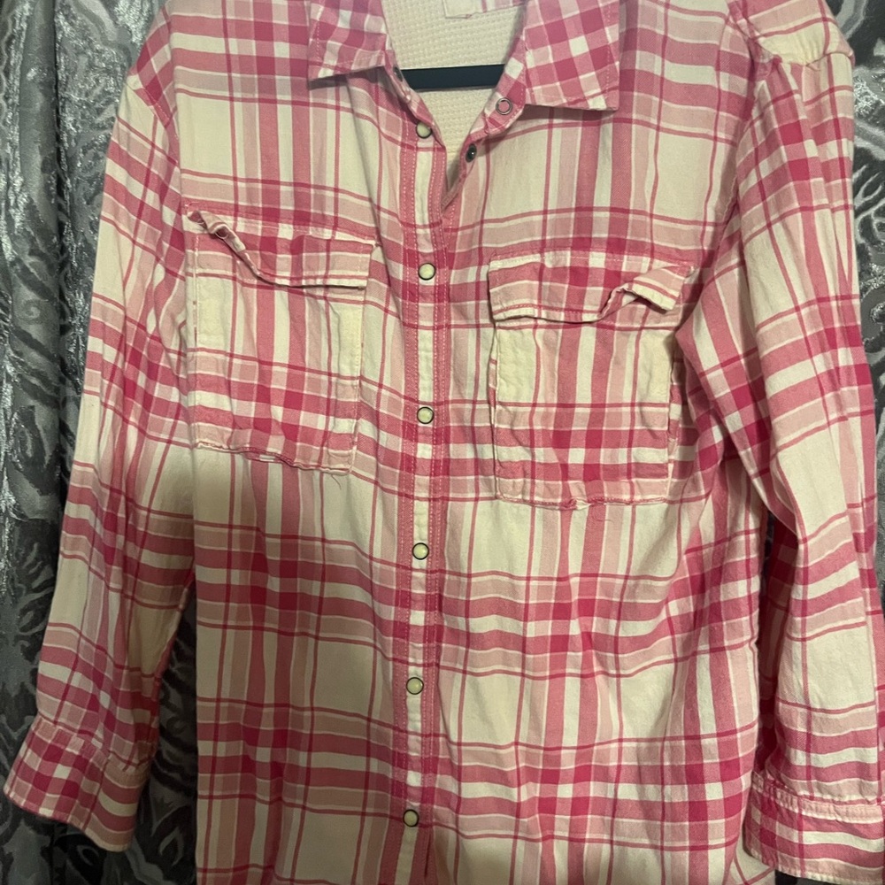 Pink and White Plaid Button-Up Shirt